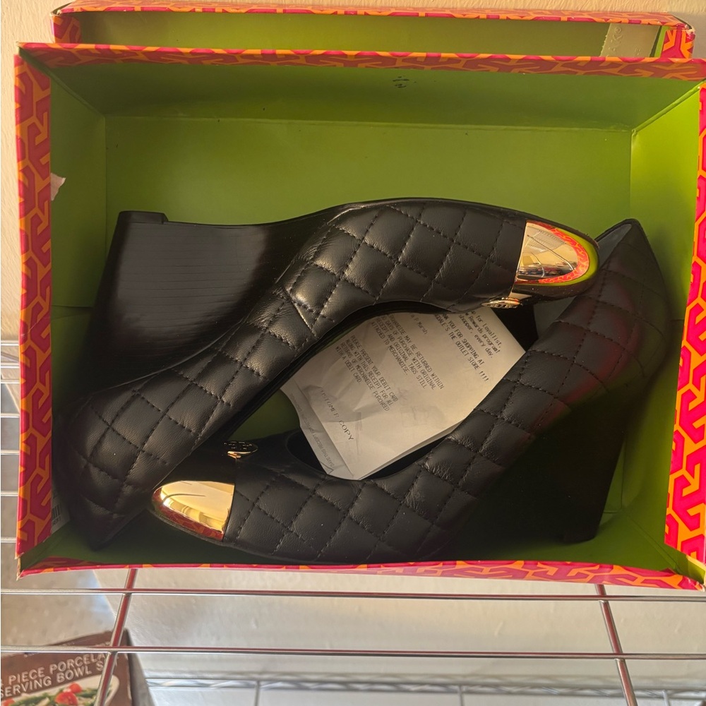 Tory Burch Black and Gold Quilted Heels